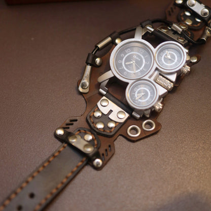 Wasteland Explorer Handcrafted Leather Cuff Watch | Post-Apocalyptic Men's Bracer Timepiece