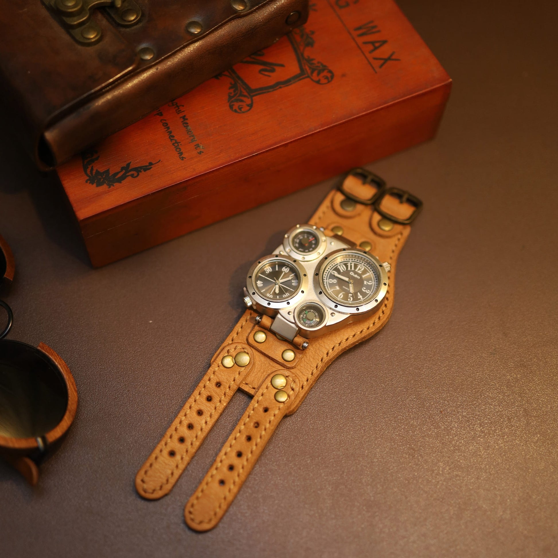 "Navigator" Steampunk Multi-Dial Watch - Custom Handcrafted Leather Cuff