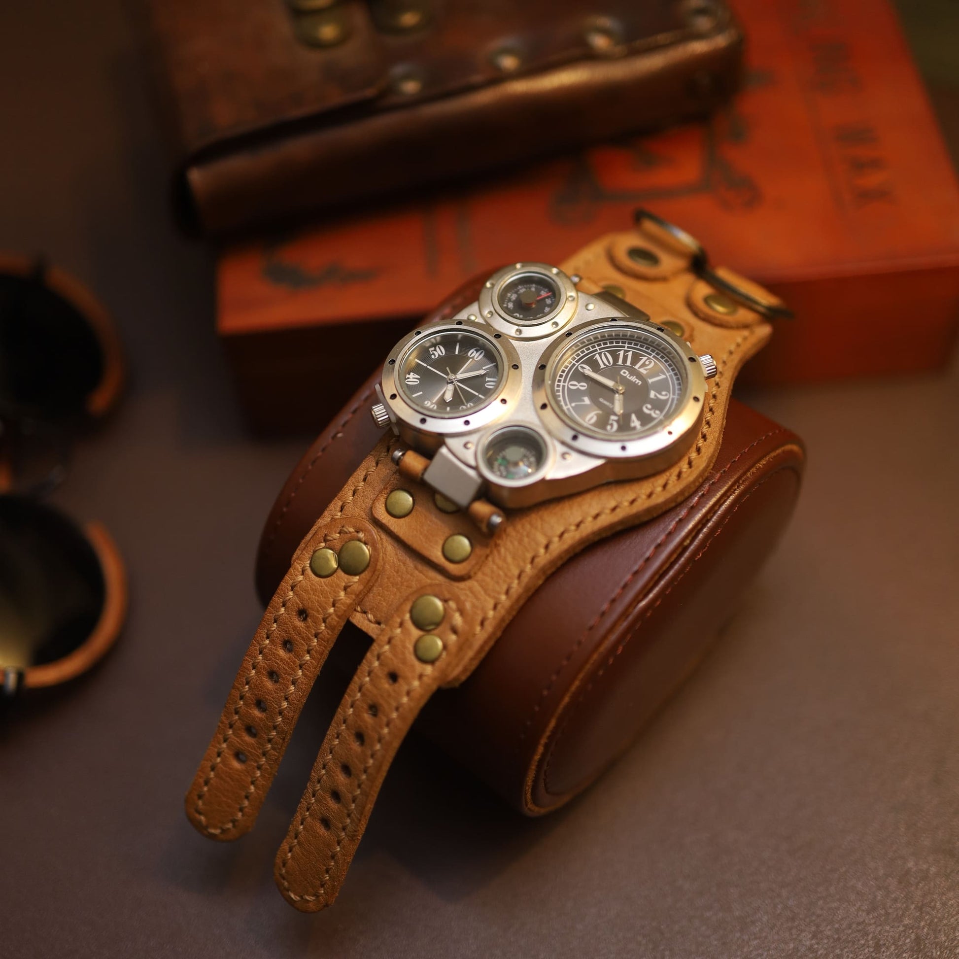 "Navigator" Steampunk Multi-Dial Watch - Custom Handcrafted Leather Cuff
