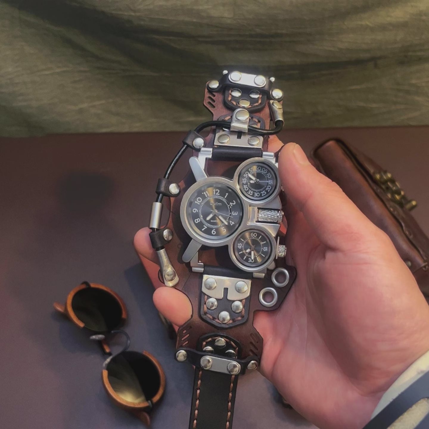 Load video: Wasteland Explorer Handcrafted Leather Cuff Watch | Post-Apocalyptic Men's Bracer Timepiece