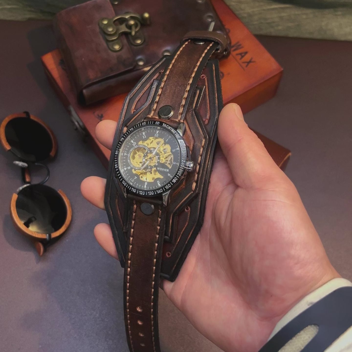 Load video: Vulcan Forged Mechanical Watch  Handcrafted Leather Bracer Cuff  Steampunk Armor